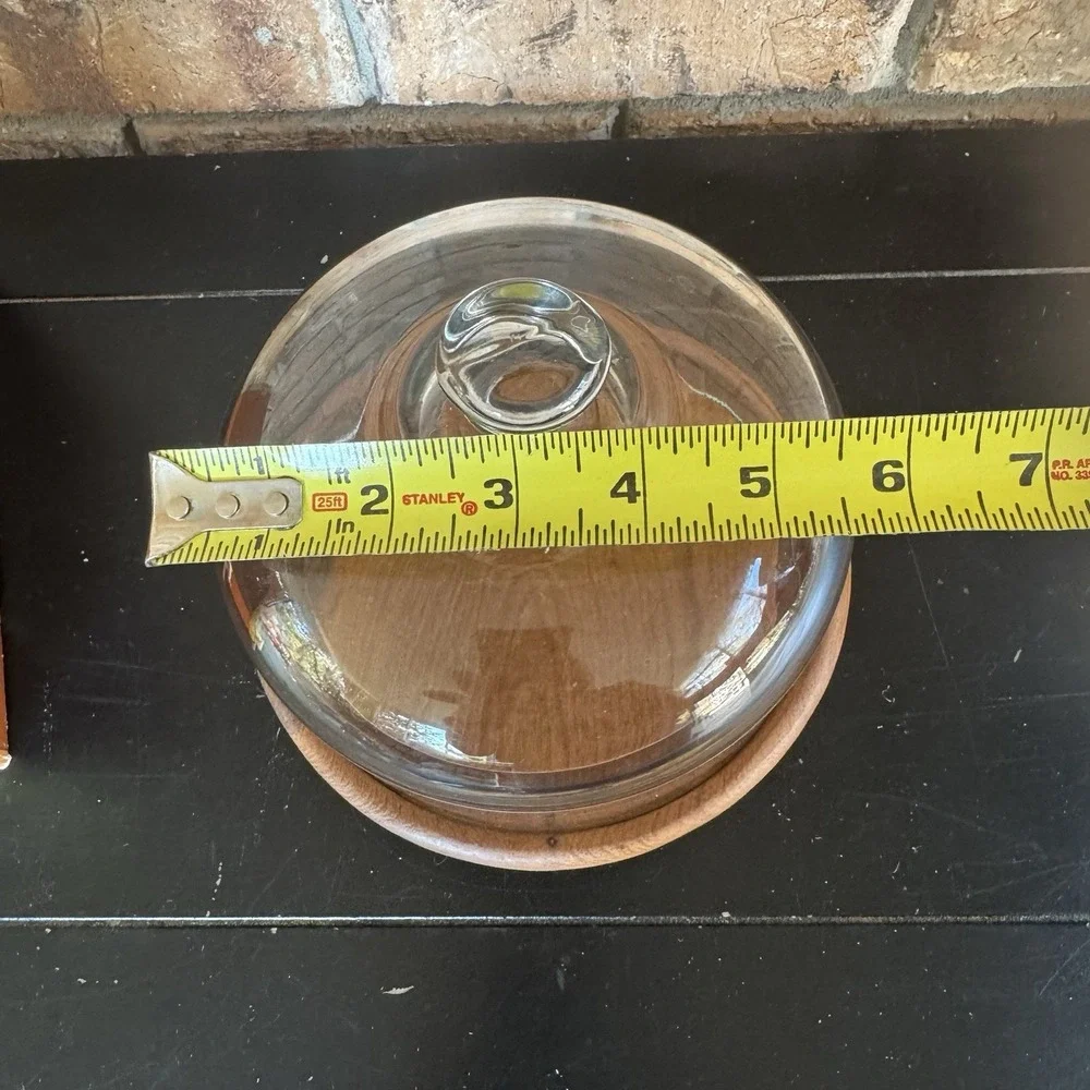 Vintage Teak Wood Cheese Board / Cake Stand w/Glass Cloche Dome Mid-Century